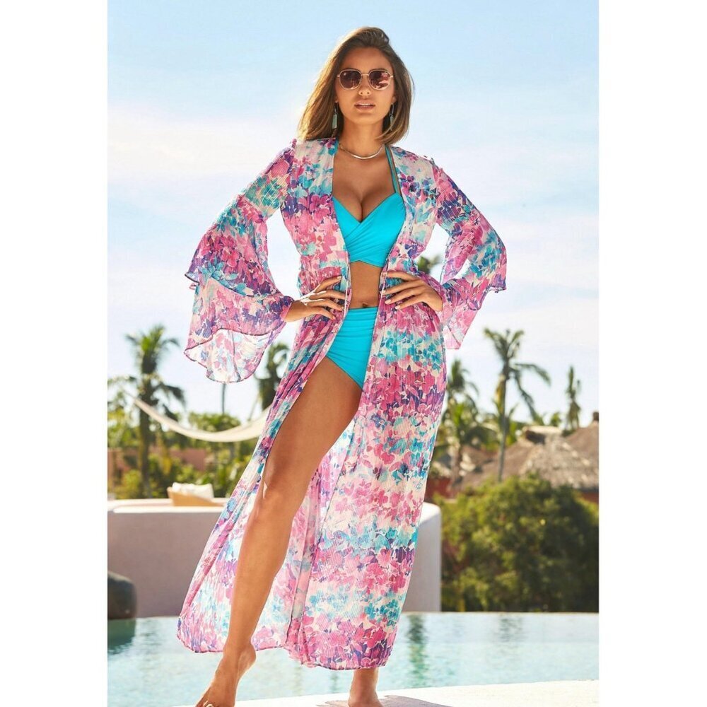Boston Proper Long Duster Swim Cover Watercolor Garden Shimmer S NWT